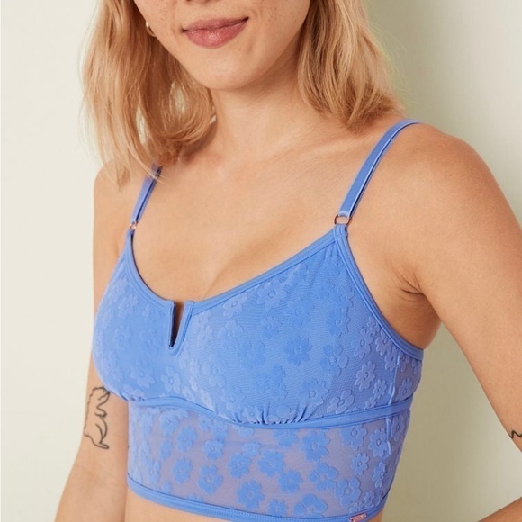 VS Pink Wireless Flocked Mesh Bralette Large-DD Cornflower Blue Daisy - Picture 5 of 10